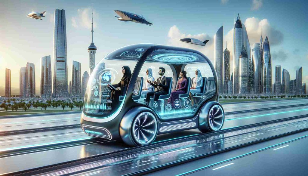 A high-definition, realistic image of a new-age technology altering the traditional travel experience. This futuristic concept might include a sleek, autonomous vehicle equipped with cutting-edge features like embedded AI systems for voice command and route optimization, holographic information displays providing real-time traffic updates and weather conditions, ergonomic and environment-friendly design seamlessly blending with the surrounding landscape, and passengers inside representing various descents and genders, such as a Middle-Eastern female and a Caucasian male, both of them engrossed in this smart, efficient travel method.