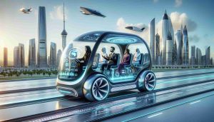 A high-definition, realistic image of a new-age technology altering the traditional travel experience. This futuristic concept might include a sleek, autonomous vehicle equipped with cutting-edge features like embedded AI systems for voice command and route optimization, holographic information displays providing real-time traffic updates and weather conditions, ergonomic and environment-friendly design seamlessly blending with the surrounding landscape, and passengers inside representing various descents and genders, such as a Middle-Eastern female and a Caucasian male, both of them engrossed in this smart, efficient travel method.