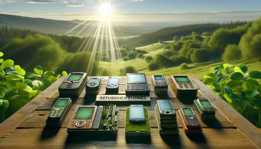 Realistic high-definition image illustrating the trend of refurbished phones contributing to sustainable technology. Show various models of phones, designed to look old but well-maintained, aligned on a table. The table is situated in an eco-friendly environment, in which sun rays shine onto a lush, green, panoramic backdrop. A visible label reads 'Refurbished Phones: A Sustainable Tech Trend'.