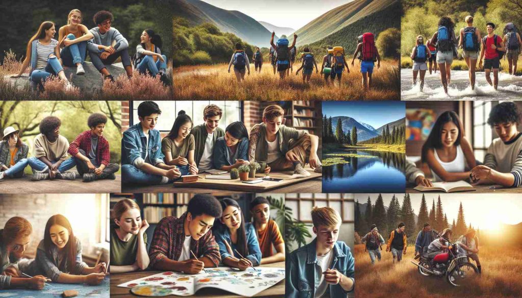 An outdoor scene depicting a group of diverse teenagers engrossed in various activities such as hiking, camping and playing. Some teenagers, both male and female and of differing descents such as Hispanic, Asian, Black, and Caucasian, are seen laughing, chatting and working together, showcasing camaraderie and friendship. These scenes are interspersed with solo shots of teenagers, lost in their world, painting, writing, or playing a musical instrument. In the background, a beautiful, natural landscape extends with trees, rivers, and mountains, epitomizing serenity and tranquility. The image should exude a sense of joy, peace, and improved mental wellbeing.