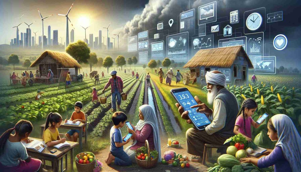 Create a high-definition, realistic image that showcases the revolution of rural areas through the use of smartphones. The scene should depict a variety of elements like, a farmer in the field using a mobile application to check the weather forecast. It could also include, children, a Caucasian boy and a Middle-Eastern girl, in a makeshift open classroom using their smartphones for online learning. Plus, an elderly Black woman checking the prices of farm produce online. To further emphasize the transformation, include some infrastructural improvements like solar panels and wind turbines in the background.