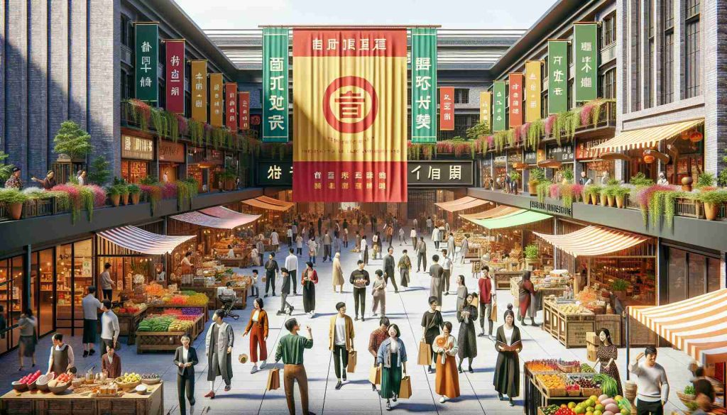 A high-definition, realistic image capturing the initiative to boost the local economy in Hangzhou. Visualize a bustling market scene with a variety of stores showcasing local goods and food. People of different ages, genders, and descents, such as black, Caucasian, and Middle-eastern, are actively participating - shopping, conversing, and exploring. A vibrant banner hung overhead displays the initiative's logo, signifying the drive to support local businesses.