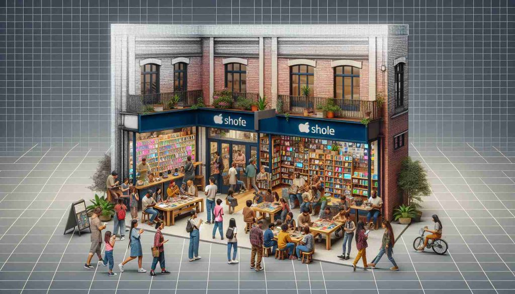 Generate a high-definition, realistic image depicting the transformation of a mobile phone store into a community hub. The scene should begin with the storefront of the mobile phone shop. As we move deeper into the scene, we see people of various descents and genders actively participating in community activities. You can include elements like folks gathering around a table for discussions, children engaged in educational activities, adults browsing a bookshelf or computer resources, and a noticeboard filled with community events. The transformation should be evident, highlighting elements of the shop's original purpose, like a wall displaying mobile phones now being used for community photos or a counter where phones were sold now serving as a meeting table.