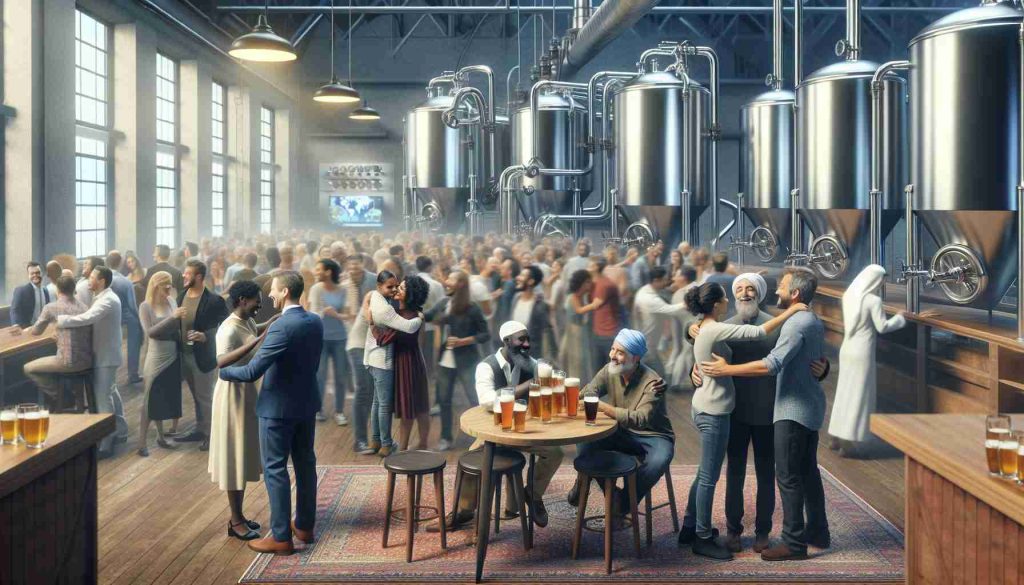 A high-definition, realistic image of a conceptual scene representing the latest innovation in beverage technology by an international brewery. The scene is centered around human connections, depicting people of different descents, including Caucasian, Black, Hispanic, Middle-Eastern, and South Asian, all interacting and embracing each other in a light-hearted beer fest atmosphere. The setting includes a tasteful, contemporary style bar with state-of-the-art brewing equipment around. The atmosphere is lively, full of laughter and joy, reflecting the spirit of unity and camaraderie.