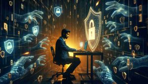 Generate an HD image that visualizes the concept of protecting data privacy in the digital age. The scene includes a person of South Asian descent who is male, sitting at a computer desk. He uses a digital shield on the screen to block data thievery represented by digital hands trying to reach. The atmosphere is dark, symbolizing the dangers, but the shield radiates a golden light, symbolizing protection and security. Around the scene, there are floating bits of binary code symbolizing the digital world.