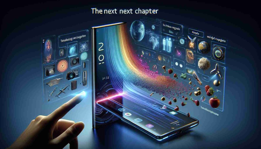 Imagine the next chapter in smartphone technology. Envision a high-definition, realistic image highlighting the groundbreaking features of the upcoming generation of smartphones. Include sophisticated details such as an edge-to-edge display with ultra-high resolution, futuristic biometric security measures like facial recognition, touchless gesture controls, and advanced AI capabilities. The device might be wireless charging compatible and have a robust waterproof design. Note the visible, vast screen radiating vibrant colors and the slim, sleek construction of the smartphone.