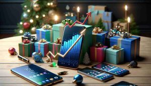 Generate a high-definition, realistic image representing the anticipated boost in smartphone sales ahead of the year-end holidays. The scene could feature a rising chart indicating the sales jump, alongside images of various latest smartphone models scattered around, and hints of festive holiday decorations to symbolize the year-end period.