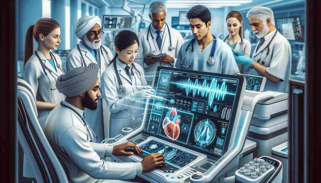 Render a realistic and high-definition image depicting the revolutionizing of healthcare through innovative technology. Portray a diverse range of healthcare professionals, including a South Asian male doctor operating cutting-edge medical equipment and a Black female nurse monitoring patient data on a futuristic user interface. Include a Middle-Eastern male scientist studying a medical breakthrough in a high tech lab, and a Caucasian female patient marveling at her health information on a holographic display. Ensure the setting is a modern, well-equipped medical facility.