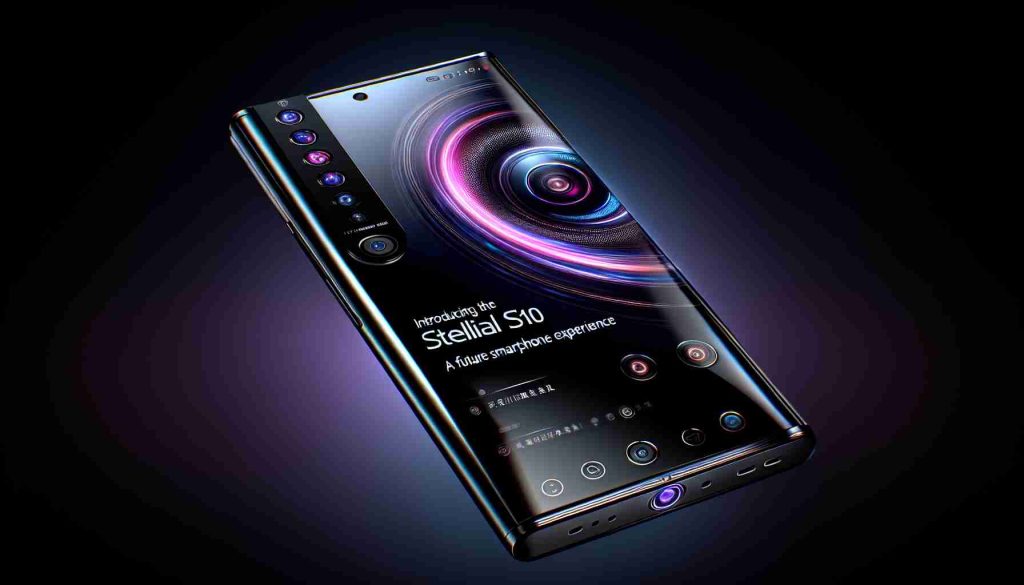 Generates a detailed high-quality image of a futuristic concept smartphone, christened as StellarTech S10. The phone comes with a sleek design, edge-to-edge screen size, an advanced camera system, and other high-tech features. Its body is composed of polished dark metal, with a buttonless interface and a vibrant display showcasing state-of-the-art graphics. The phone has a large high-resolution screen and the back features a unique camera setup. The background features a catchy phrase: 'Introducing the StellarTech S10: A Future Smartphone Experience'.