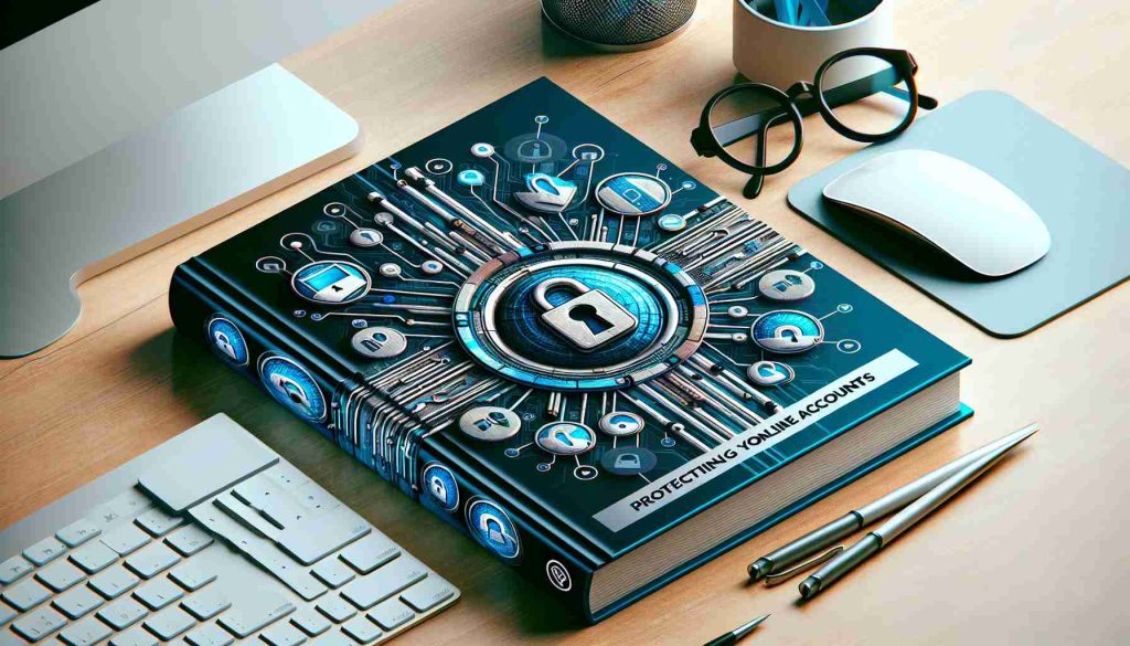 Generate a realistic high-definition image of a guide titled 'Protecting Your Online Accounts'. The guide should manifest as a hardcover book with an abstract design of incorporated security symbols such as padlocks, shields and keys. The background should be a clutter-free workspace with a modern desk, keyboard and mouse, giving it a tech-savvy environment. The colors used should emphasize privacy and security, like blues and grays. A pair of glasses can be included as a symbol of careful reading and comprehension.