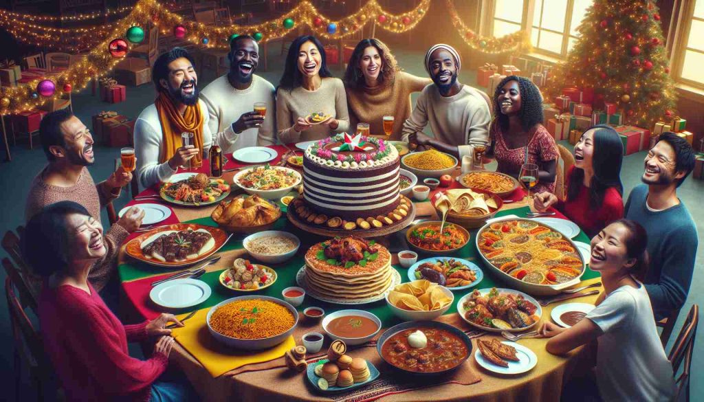 A high-definition, realistic image of a large table filled with diverse and colorful dishes from around the world. Among the spread, there's a multi-layered chocolate cake from France, India's spicy chicken biryani, Italy's delicious lasagna, Mexico's iconic tacos, and China's tantalizing dim sum. People of different descents, an Asian man, a Middle-Eastern woman, a Black woman, and a Hispanic man are gathered around the table, laughing and sharing the festive joy. Christmas decorations hang in the background, creating a warm and magical atmosphere.