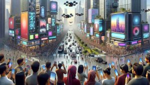 Highly detailed and hyperrealistic image featuring the future of smartphone connectivity in India's tech revolution. Picture a bustling urban environment with towering buildings hosting technology companies. People of various descents such as South Asian, Caucasian, and Black, are using their smartphones, which have futuristic designs and interfaces. Overhead, drones shuttle small packages across the cityscape, possibly delivering smartphone parts or new devices. Electronic billboards flash with advertisements for the latest app or device. All around, there's a palpable sense of exciting, rapid advancement in technology.