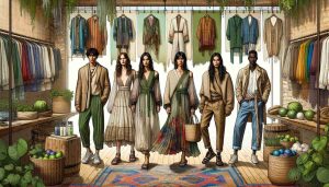 A detailed, high-definition illustration showcasing emerging trends in sustainable fashion. It features a colorful display of eco-friendly clothing designs, including outfits made from organic cotton, hemp, and recycled materials. Each design is modeled by a diverse group of people to showcase inclusivity, featuring a Caucasian woman wearing a flowy, plant-dyed dress, a South Asian man sporting a hemp-woven jacket, a black woman in a chic, recycled plastic ensemble, and a Hispanic man dressed in an outfit made from organic cotton. The backdrop is an earthy, sustainable boutique with eco-friendly fittings and furnishing made from sustainable materials. The atmosphere is vibrant, promoting the beauty of eco-friendliness in the fashion industry.