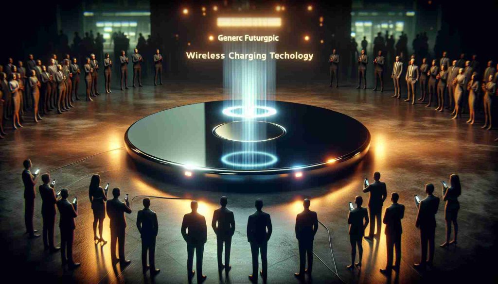 A realistic high-definition depiction of a cutting-edge wireless charging technology being unveiled by a generic futuristic tech company named 'Skyline'. The scene shows a sleek, modern device that emits an aura of advanced technology and innovation. There should be onlookers expressing awe and excitement as they witness this revolutionary event. Render the device in a striking glossy black hue, with indicator lights that gleam brightly, symbolizing its active wireless charging capability. Also include the company's simplistic, cool logo in the background.