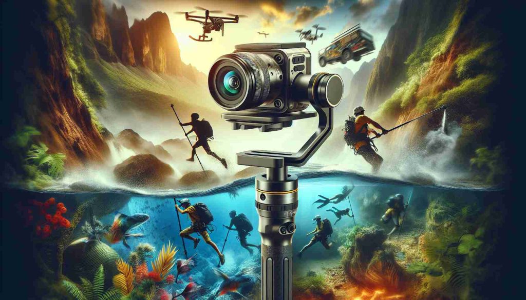 Generate an ultra high-definition, realistic image that showcases adventures being captured using an innovative camera stabilizer system. The stabilizer should be intuitively designed and visibly state-of-the-art, clearly demonstrating its capability to capture smooth, stable footage. Surrounding it should be a variety of adventurous scenarios, such as rock climbing, underwater exploration, or treks through a dense forest.