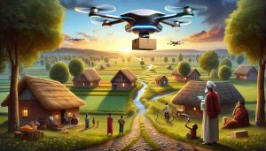 Illustrate a realistic HD image that depicts revolutionary drone delivery services transforming rural communities. Showcase a sophisticated drone carrying a small package, while maneuvering between high trees and rustic houses. The settings should speak to rural simplicity - green fields, meandering rivers, uninterrupted landscapes, complete with the golden rays of the sun setting in the backdrop. The drone should project a touch of the future, with slick design, glowing lights, and a visible trail indicating its path. Capture the joy and awe on the faces of diverse individuals, including a Caucasian woman, a Black man, a Middle-Eastern child and a South Asian old man, all watching this technological marvel.