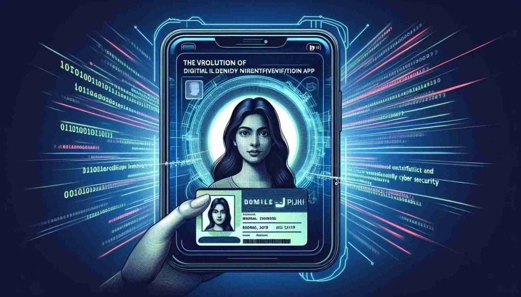 An HD illustration exemplifying the revolution of digital identity verification using Mobile JPKI. It should represent a smartphone screen showing a digital ID card and verification app, surrounded by digital waves signifying advanced technology. The user, a South Asian female, should be in the process of accessing the app. The background should display lines of code streaking through, symbolic of robust cyber security. Please maintain a realistic and modern aesthetic.