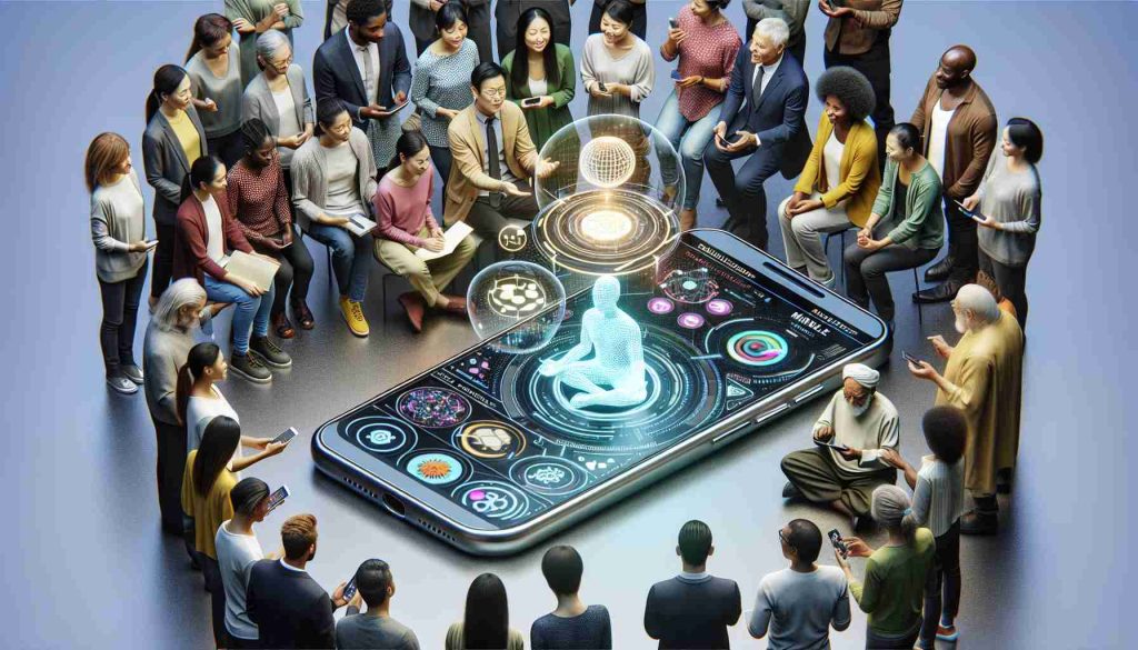 A high-definition, photo-realistic image showcasing the concept of revolutionizing social interaction with mindful technology. Picture a futuristic scenario where a mobile phone is designed for mindfulness. It has a sleek look with interactive holographic displays. People from diverse demographics are gathered around and engaging with the phone. For context, include an Asian woman, an African man, and a Middle Eastern elderly man. They are all interacting with this new type of phone, showcasing positive social exchange and an increasing emphasis on mindful technology.