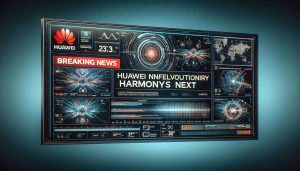 Realistic high-definition image of a breaking news broadcast screen. The main headline reads 'Huawei Unveils Revolutionary HarmonyOS NEXT'. The screen shows various related graphics and animations typically associated with breaking technology news, such as tech logos, 3D renderings of devices, and abstract digital designs.