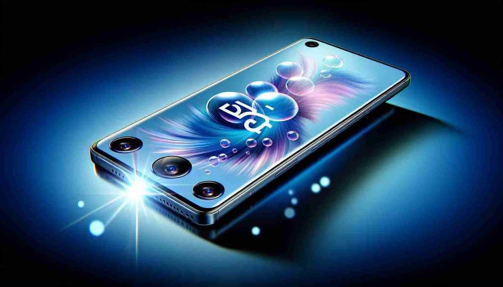 A detailed, high-definition illustration of a modern, newly launched 5G smartphone, showcasing its sleek design, high-resolution display, multiple camera lenses, and other fascinating features, with the visual effect mimicking a realistic photograph. The device should be highlighted like it's the focal point, potentially with a radiant glow or a slightly blurred background to accentuate its prominence.