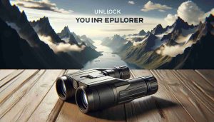 Generate a high-definition realistic image of an 'Adventure Scope', a monocular, branded as 'Omniclear'. In the scene, the scope is positioned in such a fashion to denote that it opens gates to exploration. This visual representation should encapsulate the tagline 'Unlock Your Inner Explorer'. Consider showing this monocular on a backdrop of an adventurous landscape to drive home this exploration theme, riveting mountains on one side and vast ocean at other. The monocular should be sleek and compact, evoking a sense of robustness suited for various types of rough terrains.