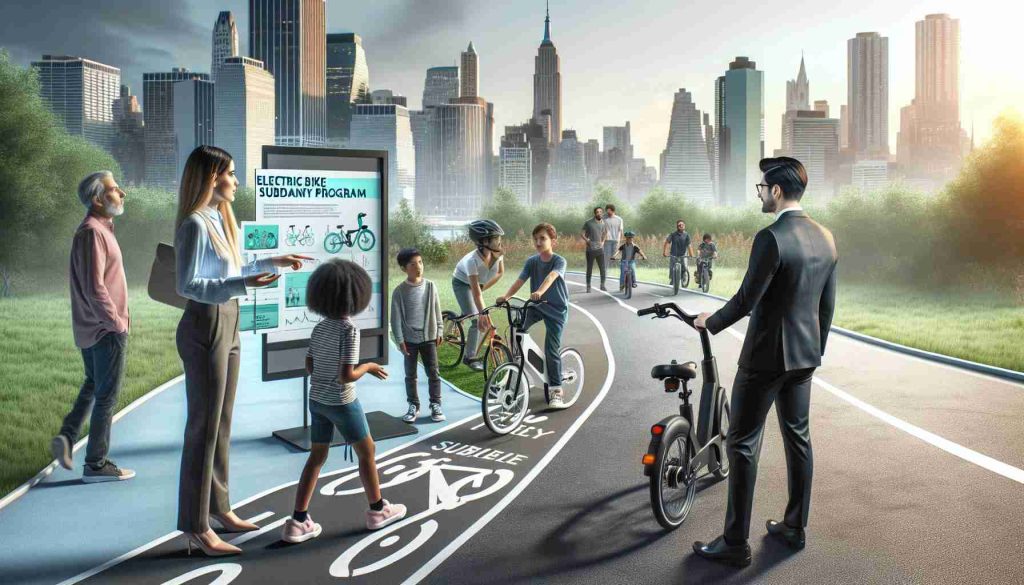 Create an image that vividly illustrates the idea of boosting sustainable transportation through electric bike subsidy programs. In the foreground of this HD scene, a Caucasian woman in a business attire should be riding an electric bike along a well-marked city bike lane. In the midground, show a group of Black and Asian children learning bike safety from a Hispanic male instructor in a park adjacent to the bike lane. In the background, a Middle-Eastern man should be looking at an informational signboard detailing the subsidy program with a cityscape behind him.