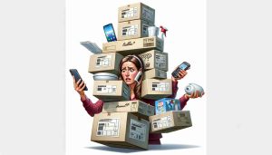 Illustration of a confused woman in her mid-30s, of Middle-Eastern descent, holding multiple boxes layered on top of each other while balancing a smartphone on her ear. The boxes have labels depicting different product types, such as electronics, groceries, and housewares. The woman's facial expression reveals bemusement and confusion, as if she is simultaneously trying to manage a phone conversation, understand the contents of the boxes, and decide where to put them all. The scene should be composed in a realistic and high-definition manner.