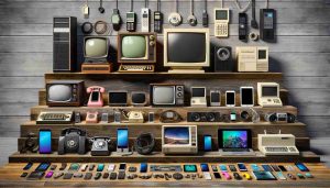 An ultra high-definition realistic image that visually represents the evolution of smart technology in daily life. Start from the left side of the frame with antiquated rotary telephones and black and white televisions. Gradually transition to newer technology like big desktop computers with floppy drives and wired internet connections. The center of the image should contain mobile phones and laptops that changed everyday communication. The right side should be occupied by modern devices such as smartwatches, smart home devices, and VR headsets to indicate recent advancements in technology.