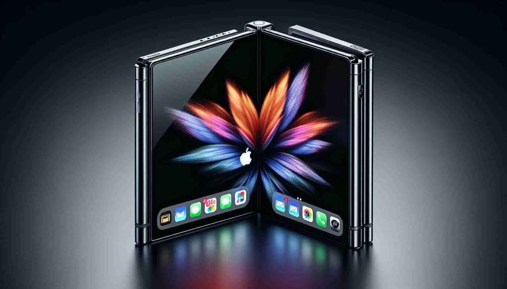 Create an image showcasing a sleek and innovative foldable smartphone with an apple insignia. Display the intricate details of the HD screen with realistic colors and high pixel density. Display this foldable device with the screen expanded, revealing advanced applications and cutting-edge software. Make sure to capture its ultra-thin design, flexible screen, and robust body which highlights the technological creativity and advancement in the foldable smartphone market.