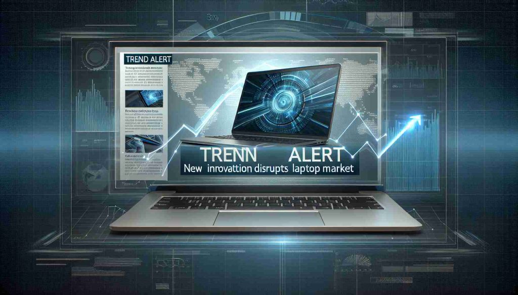 Create a realistic, high definition image displaying a digital news headline that reads 'Trend Alert: New Innovation Disrupts Laptop Market'. The backdrop should be a modern, sophisticated news website with color theme of blues, silvers, and whites. Including relevant images indicating the disruption in the laptop market, such as an innovative, futuristic laptop design and a line graph symbolising growth or market disruption.