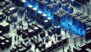 High-definition, realistic image of a tech company facing challenges in AI hardware production due to trade restrictions. Depict the manufacturing processes in deep blues and silvers to symbolize tech. The scene might include figures working diligently amidst stacks of computer hardware, notes, and schematics, while symbolic barriers like walls, road blocks or chains signify trade restrictions.