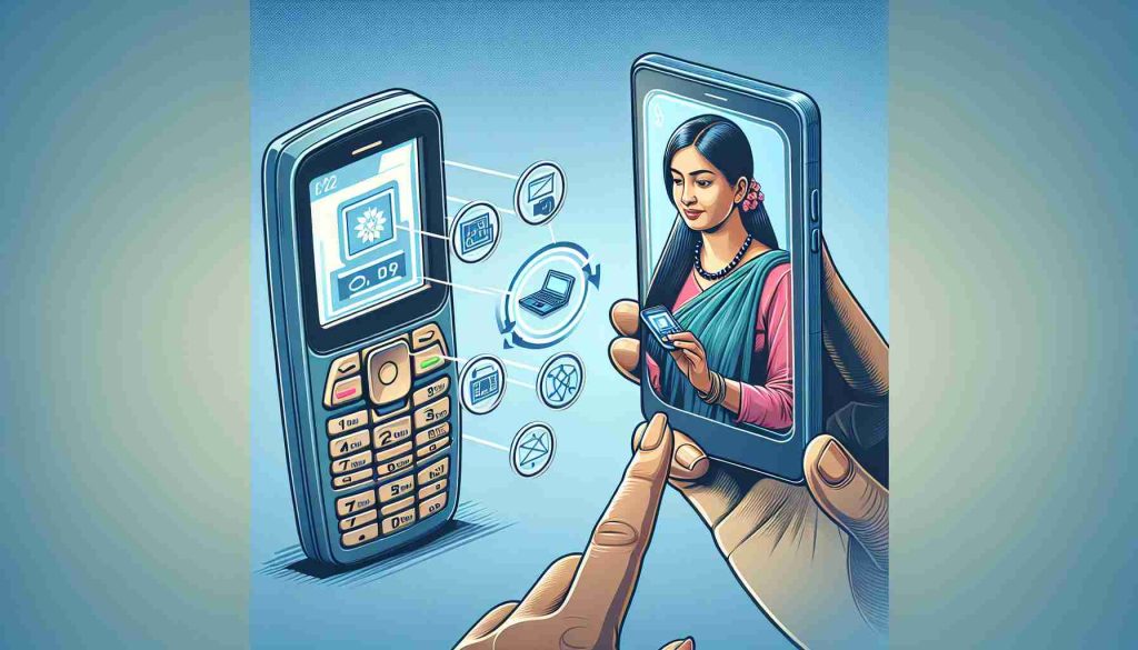 Create a detailed and clear high-definition image depicting a scene of a person examining an old-fashioned flip-style mobile phone. Should include illustrative indicators such as touch screen technology, improved resolution display, and fast processing speed that characterizes upgraded phones. The person in the scene is a South Asian female who is tech savvy and is comparing the old phone with a newer smartphone model.