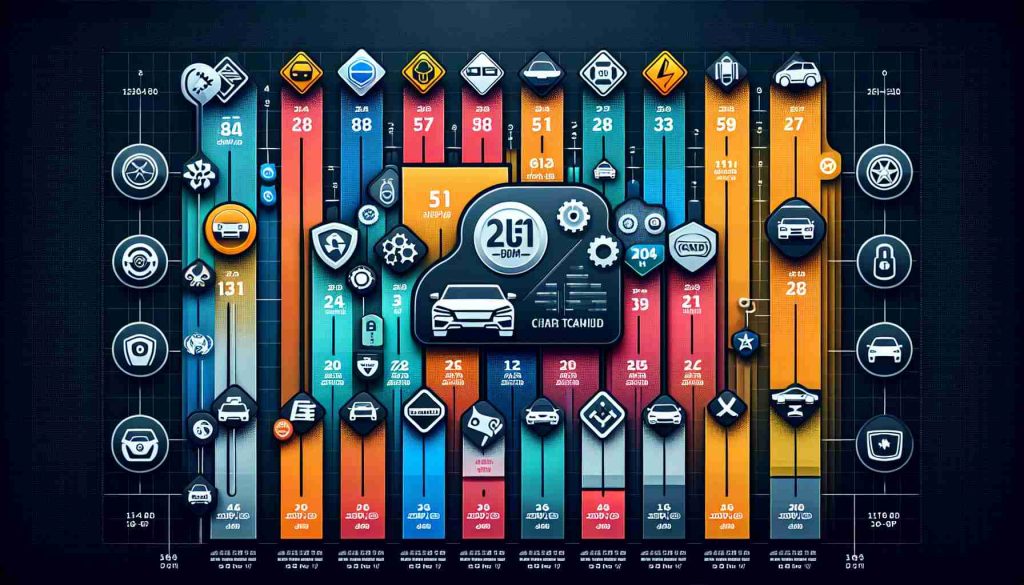 Create a photo-realistic image in high definition showcasing a chart or infographics. This chart displays the number of vehicle safety recalls issued by various major car manufacturers. The chart should be visually engaging, easy to read, colourful but not overwhelming, including logos or symbols representing the different automakers, along with clear, precise figures for each one. No particular automaker should be highlighted or given precedence. The design should look professional and educational, to provide information on an industry-wide issue.