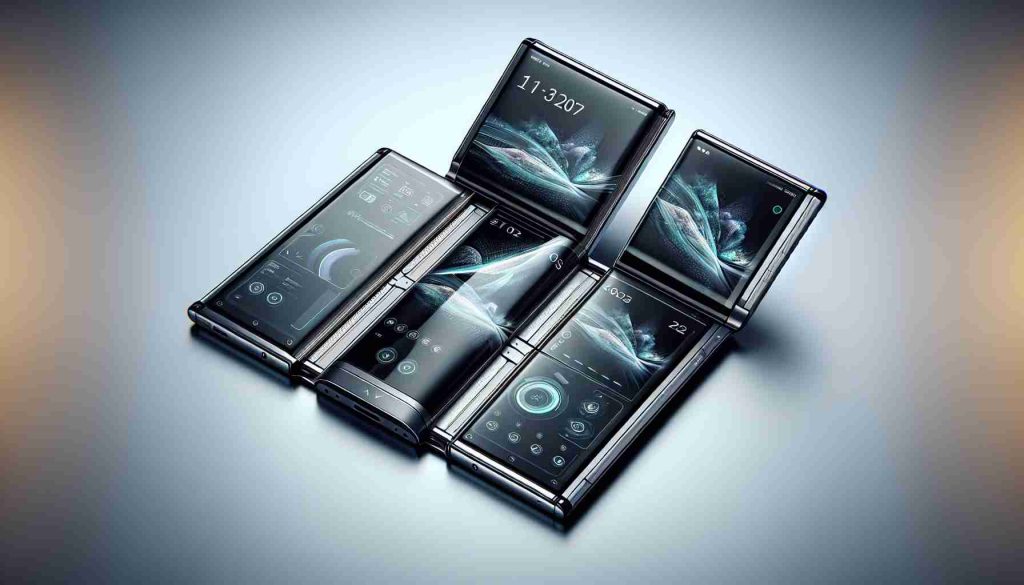 A concept high-definition image showcasing a futuristic three-fold smartphone design, possibly coming on market in 2025 by a major technology company. The phone has versatile screens that can be folded in three parts. Its design is sleek and modern, with a tactile finish and an elegant color scheme. Detailed features include a high-resolution camera system, responsive touch-screen, and advanced system-on-chip.