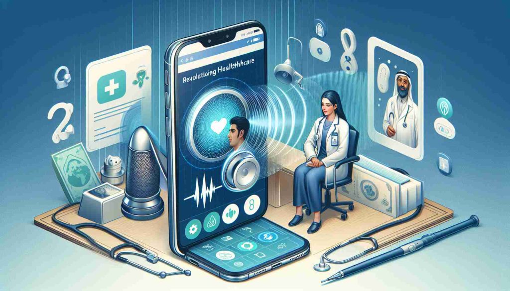 Illustrate a scene showing the concept of revolutionizing remote healthcare. Visualize an app with advanced sound transmission features prominently displayed on a smartphone screen. The app should show elements like sound waves, a human ear, and a health symbol. In the background, a virtual healthcare consultation is in progress with a South Asian female doctor advising a Middle-Eastern male patient. The scene should be depicted in high-definition realism.