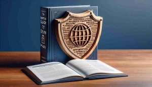 An HD image realistically representing the protection of personal information: Consider a physical metaphor of online privacy, such as a wooden shield with an embossed symbol representing an internet icon, printed on a vibrant, solid color like royal blue background. Next to the shield, place an open book titled 'Essential Guide to Online Privacy'. The book pages display crisp text discussing various methods of internet safety, including secure passwords, ensuring HTTPS, and the importance of regular software updates. The scene is placed on a wooden desk, emphasizing a serious, professional tone.