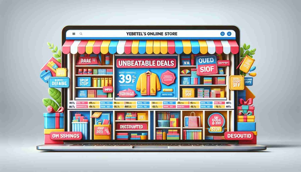 Generate a realistic, high-definition image that depicts a digital online store labeled as 'Yettel’s Online Store'. The shop is featuring unbeatable deals with various discounted items displayed prominently on the page. The color scheme is bright and inviting, drawing the viewer's attention to the great savings available.