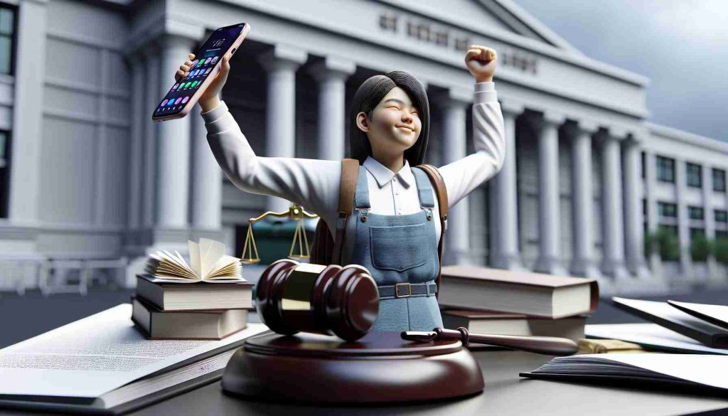 A high-definition, photorealistic visual representation of a triumphant student after winning a legal battle against unjust cellular phone fees. The student, a young Asian woman, is seen holding her mobile phone in one hand and a gavel in the other, signifying her victory. In the background, a courthouse and some legal documents are visible to further set the scene. The image captures a decisive moment of victory and relief.