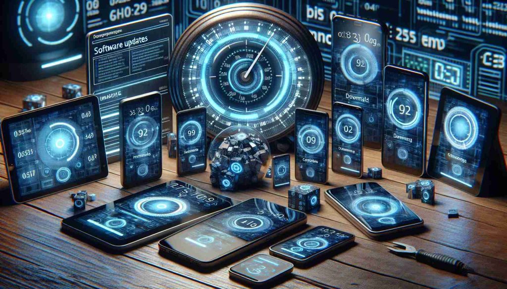 A highly detailed and realistic image showcasing the concept of 'The Importance of Long-Term Software Updates in Mobile Devices'. The scene should include multiple mobile devices including smartphones and tablets. These devices should display screens featuring different stages of software updates (download, install, complete). In the background, a large, digital clock should be visible, indicating the passing of time, symbolizing long-term update support. Some devices may show enhanced performance metrics and others, older devices, struggle to keep pace, suggesting the need for frequent updates.