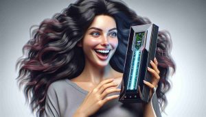 Realistic HD photo of a thrilled feminine person looking at a cutting-edge technology device produced by a technology company. The person is characterized with radiating happiness and dense, flowing dark hair. The device she's looking at is innovative, sleek, and futuristic.