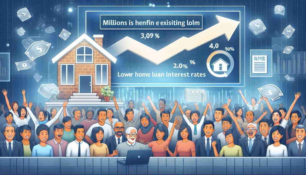 A detailed, high definition illustration depicting the concept of millions benefiting from the revamping of existing home loan rates. The scene should include a diverse range of people showing expressions of relief and happiness, with the background showing a screen or a billboard displaying lower home loan interest rates, signifying the reform. Elements of finance, such as loan contract, home icon, and downward trend arrow, should be incorporated subtly into the image.