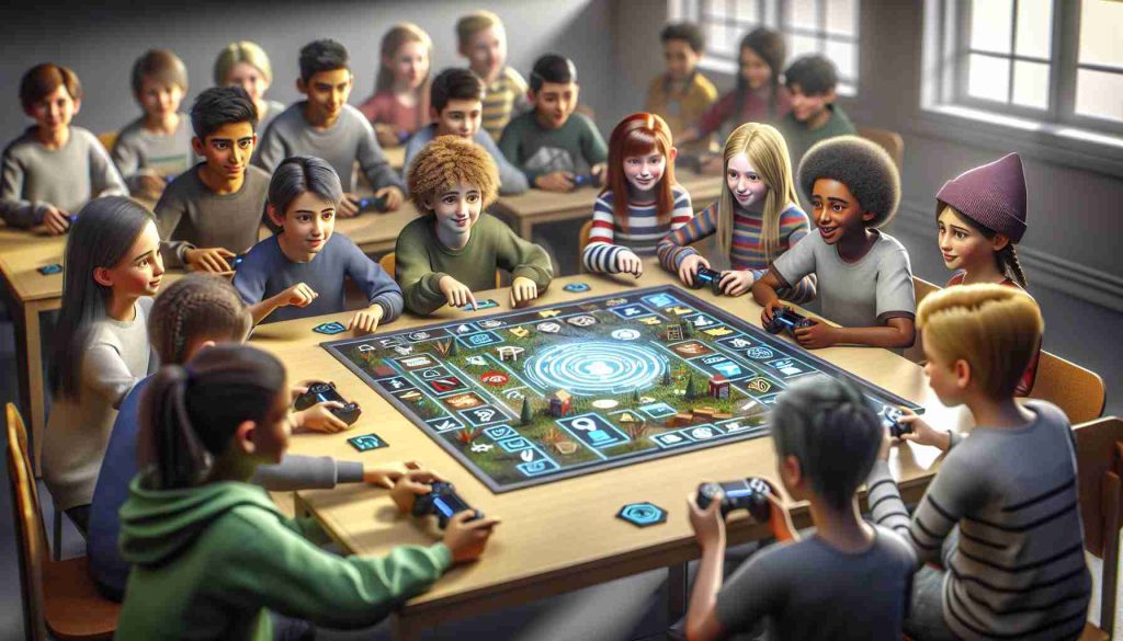 A high-definition photo rendered with a realistic touch, showcasing an interactive gaming scenario. The primary objective of the game leans toward educating and empowering children about digital safety awareness. The scene exhibits a group of children, a diverse and balanced mix of boys and girls from various descents such as Caucasian, Hispanic, Black, Middle-Eastern, South Asian and others. They are actively engaged in playing the game, their faces expressing enthusiasm and curiosity. The game comprises identifiable symbols and tools related to digital safety, making the learning experience exciting yet impactful.