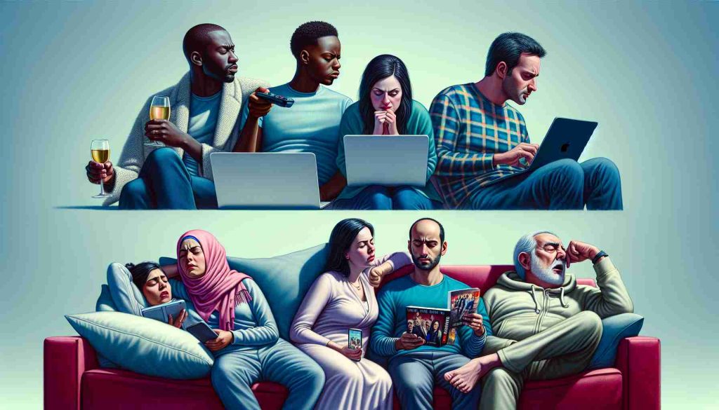 A high-definition, realistic image representing the influence of online streaming platforms on marriages. Depict a diverse set of couples - a Caucasian woman and Black man deeply engrossed in a comedy series on their laptop, a South Asian man and Hispanic woman debating over a thriller series' storyline on their smart TV, and a Middle Eastern woman and a White man who are snoozing, exhausted after binging a season on their tablet. The different reactions, moods and experiences due to the streaming platform should be highlighted.