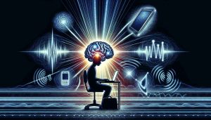 A detailed high-definition illustration interpreting the impact of technology on the brain development of teenagers. Represented visually by showing a teenager's silhouette seated at a desk actively engaged with technological devices like a laptop, tablet or mobile phone. Radiating waves, possibly light or magnetic, from these devices could be directed towards the brain in the silhouette to visualise the impact. Add subtle visual spectrums around the brain, symbolic of activity and development.