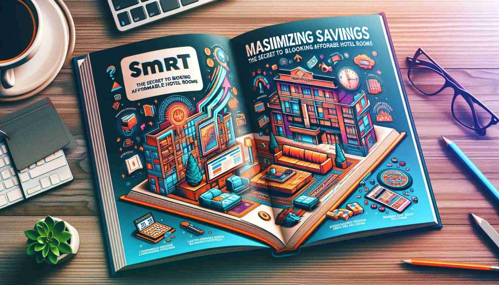 A vivid, high-definition illustration of a guide to maximizing savings and finding affordable hotel rooms. A book with the title 'Maximizing Savings: The Secret to Booking Affordable Hotel Rooms' lays open on a coffee table. On its pages, illustrations depict smart techniques - comparing prices, using reward programs, booking at the right time. Visual cues like a digital calendar, a laptop with comparison websites, and symbols of rewards or bonuses offer a visual guide to these savings tips.