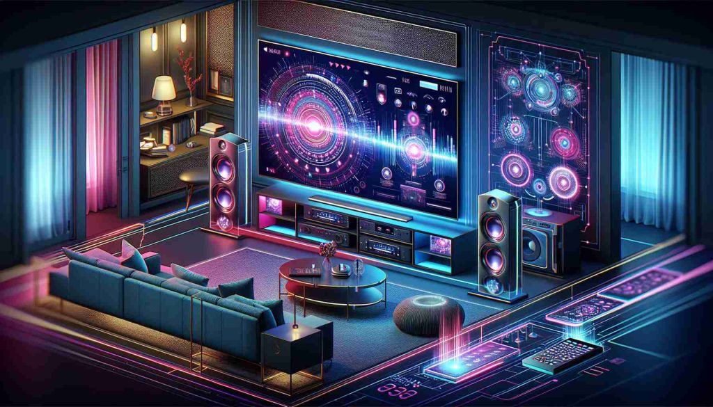 Illustration of a state-of-the-art home entertainment system with advanced technology. Showcase a large, high-definition screen displaying vibrant colours, futuristic sound system delivering high-quality audio and streamlined remote controls with innovative features. Additionally, depict a comfortable environment with plush seating and atmospheric lighting, to suggest the high-quality leisure experience this system provides.