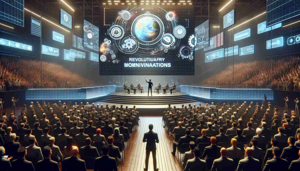 A high-definition digital rendering illustrating a symbolic scene where a large technology corporation announces revolutionary modifications to their future line of products. The scene could include a packed auditorium with different individuals eager to learn about the new changes, an impressive stage with a massive screen announcing the changes, and a charismatic and smartly dressed speaker on stage presenting the advances. Avoid any specific identities or logos.