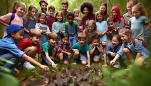 A detailed, high-definition, realistic photo showcasing the importance of outdoor education for children's mental health. The image can capture a diverse group of children, of varying age, gender, and descent, experiencing joy and engagement in outdoor learning activities. This could include observing wildlife, conducting a small group science experiment involving natural elements, or interacting playfully with the natural world around them, all while displaying positive body language and expressions that reflect their mental well-being.