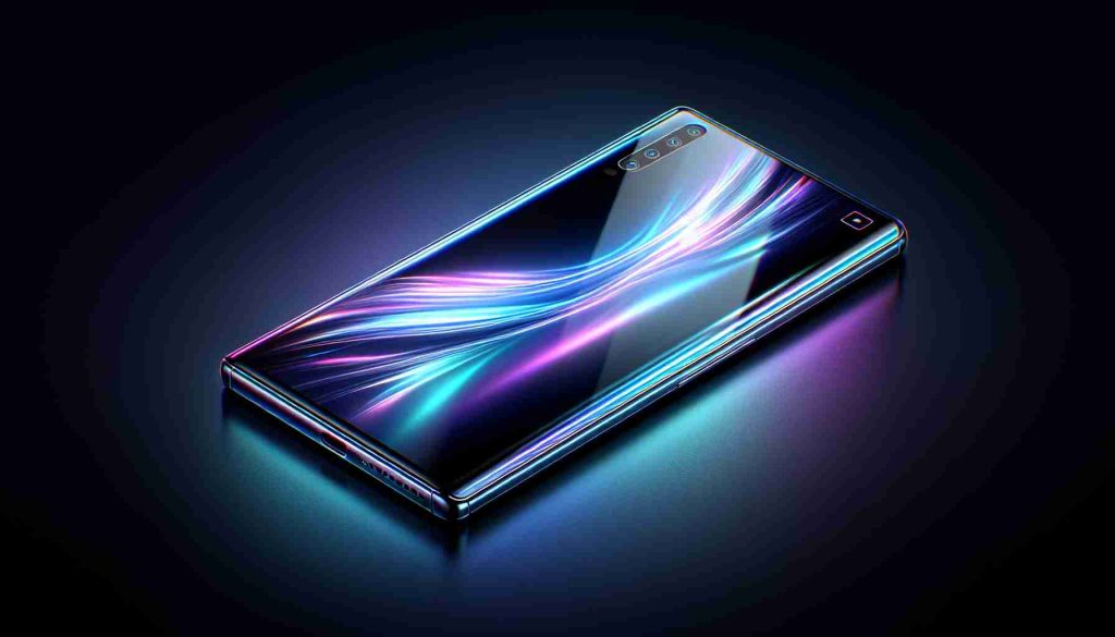 Create a high-resolution, hyper-realistic image of a futuristic, sleek smartphone. It should embody the design characteristics of the latest generation of smartphones, featuring a minimal bezel display, an under-screen front camera and a multiple rear camera setup. The body of the phone should shimmer with an iridescent, light-reflecting aurora effect. This is an innovative, top-tier smartphone model, so its design should be elegant and innovative, with a focus on showcasing its stellar features.