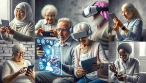 Realistic high-definition image capturing a scenario where seniors of diverse backgrounds are engaging with various technological innovations. Depict a Middle Eastern elderly woman using a smartphone, a Caucasian elderly man with a virtual reality headset, a South Asian elderly woman using a tablet for reading, a Black elderly man using a smartwatch for health monitoring, and a Hispanic elderly woman operating a smart home device. The focus should be on demonstrating these seniors understanding and effectively using these different forms of modern technology, reflecting empowerment and adaptability.